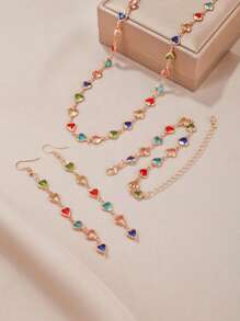 1 Set Of European And American Creative Fashion Candy-Colored Heart Necklace 1 Bracelet 1 Earrings 2 Ladies Versatile Accessories Gifts(Zirconia Color Random,Handmade Chain Cut To Size, Variable Number Of Pearls, Variable Size Of Rhinestones) - Colorful - View 1