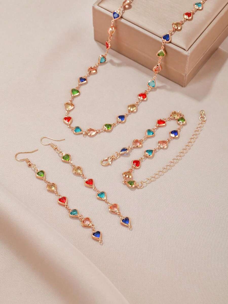 1 Set Of European And American Creative Fashion Candy-Colored Heart Necklace 1 Bracelet 1 Earrings 2 Ladies Versatile Accessories Gifts(Zirconia Color Random,Handmade Chain Cut To Size, Variable Number Of Pearls, Variable Size Of Rhinestones) - Colorful - View 1