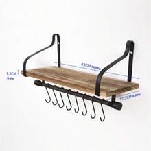 1pc Floating Shelf, Rustic Wood Shelf With 8 Hooks, Coffee Bar Display Shelf, Kitchen Spice Rack - Wood Color - View 4