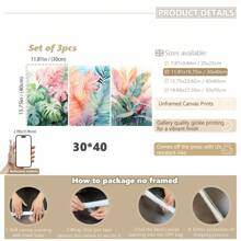 3 pièces/set, Peinture décorative encadrée suspendue sur canevas, affiche, art mural, ensemble d'art sur canevas aquarelle de feuilles tropicales, impressions vibrantes de Monstera et de palmiers, décoration murale de style bohème pour salon, chambre à coucher, bureau à domicile - Style moderne/classique, utilisation intérieure/extérieure, décoration de pièce