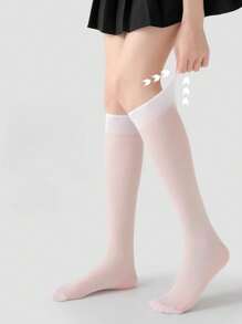 4 Pairs Women's White Semi-Sheer Mid-Calf Socks, Fashionable And Versatile For Everyday Wear, Cozy - White - View 3