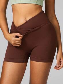 NcmRyu 1pc Women's Solid Color Casual Ribbed High Waist Lifting Fitness Yoga Sports Shorts - Cà phê nâu - Xem 3