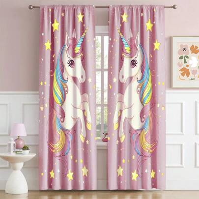 2pcs Unicorn & Star Print Curtains, Rod Pocket Design, Suitable For Bedroom, Kids Room, Game Room, Study, Adds Whimsical & Dreamy Atmosphere To Home, Decorative And Comfortable