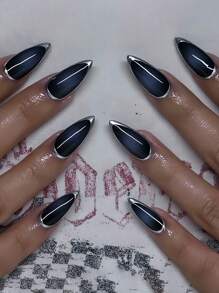 Transform Your Nails With 24pcs Minimalist Modernist Creative Retro Novelty Unique Personalized Music Festival Handsome Dark Style Hottie Silver Edge Haze Blue Blending Medium Almond Press On Nails Fake Nail Kit, Suitable For Girls And Women With Unique Personalities To Use In Daily Life And During Music Festivals