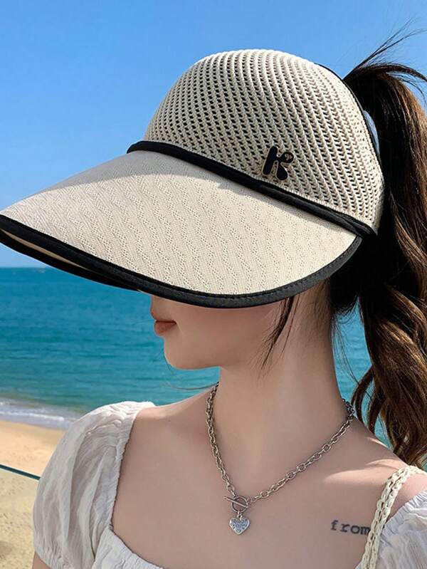 1pc Women's Solid Color Knitted Wide Brim Sun Hat, Breathable Mesh Crown, Letter Print, Suitable For Outdoor Sports And Travel, Spring/Summer