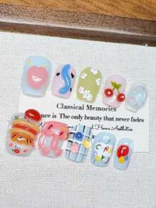 10 sztuk ręcznie robionych, przenośnych sztucznych paznokci, ręcznie malowanych, kreskówkowych, 3D, makaronikowych, graffiti, prasowanych paznokci, krótkich, gradientowych, prasowanych paznokci, uroczych, prasowanych paznokci, krótkich, pocałunkowych, malowanych ręcznie, krótkich paznokci, minimalistycznych wzorów, sztucznych paznokci z pełnym pokryciem, paznokci Y2K, unikalnych, kreatywnych, sztucznych paznokci, promocyjnych, codziennych paznokci, wielokrotnego użytku, codziennych paznokci dla kobiet i dziewcząt do użytku na przyjęciach i kolacjach, wielokrotnego użytku