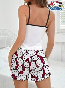 Sanrio Set da pigiama da 2 pezzi per donne con canotta e pantaloncini comodi, stampa con fiocchi, Sanrio Hello Kitty