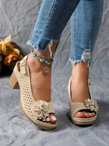 Women's Vintage High Heel Sandals With Flower Decor, Hollow-Out Breathable Upper, Adjustable Metal Buckle, Street Style, Khaki Color, Platform Peep-Toe Open Toe High Heels, Summer - Khaki - View 3