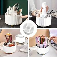 1 pièce Boîte de rangement pour maquillage rotative à 360 degrés - 1 boîte de rangement pour cosmétiques en plastique avec 5 compartiments - Boîte de rangement multifonction pour pinceaux, rouge à lèvres, soins de la peau et articles de papeterie - Organisateur de bureau de luxe rayé sans odeur Décor de salle de bain d'été Organisateur de maquillage Retour à l'école