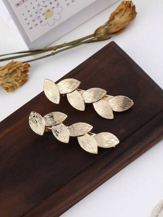2个金属叶子侧夹，简约百搭女士发饰，锌合金爪夹发夹，文具用品