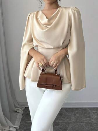 女士纯色缎面长袖上衣，简约时尚，适合春夏季