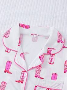Marira 2pcs Women Boot Print Pajama Set, Short Sleeve Button-Up Shirt Collar Top And Elastic Waist Shorts, Casual Loungewear Sleepwear For Holiday Party, Home & Outdoor Use All Season - White - View 3