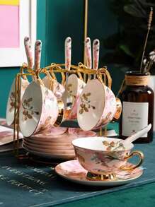 1 Set Of 6 Cups, 6 Plates, 6 Spoons (With Magpie Bird Spoons, Gold Cup Holder) & 1 Cup, 1 Plate, 1 Spoon Ceramic Tea Set, Trimmed With Gold Edges, Featured With Elegant Auspicious Bird Design, Suitable For Coffee, Dessert Plates, Vintage Afternoon Tea, Creative Minimalist Afternoon Tea Cup