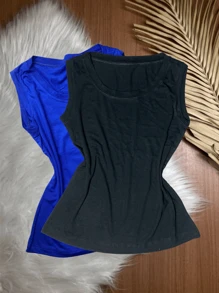 Kit With 2 Women's Tank Tops In Plain Vicolycra Mesh, Closed, Thick Straps On - 藍色和黑色 - 查看 1