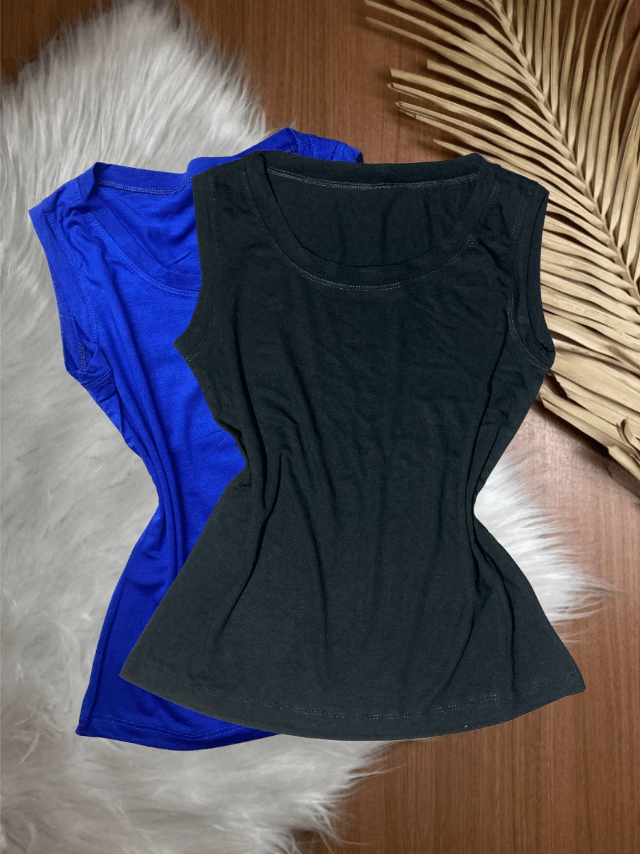 Kit With 2 Women's Tank Tops In Plain Vicolycra Mesh, Closed, Thick Straps On - 藍色和黑色 - 查看 1