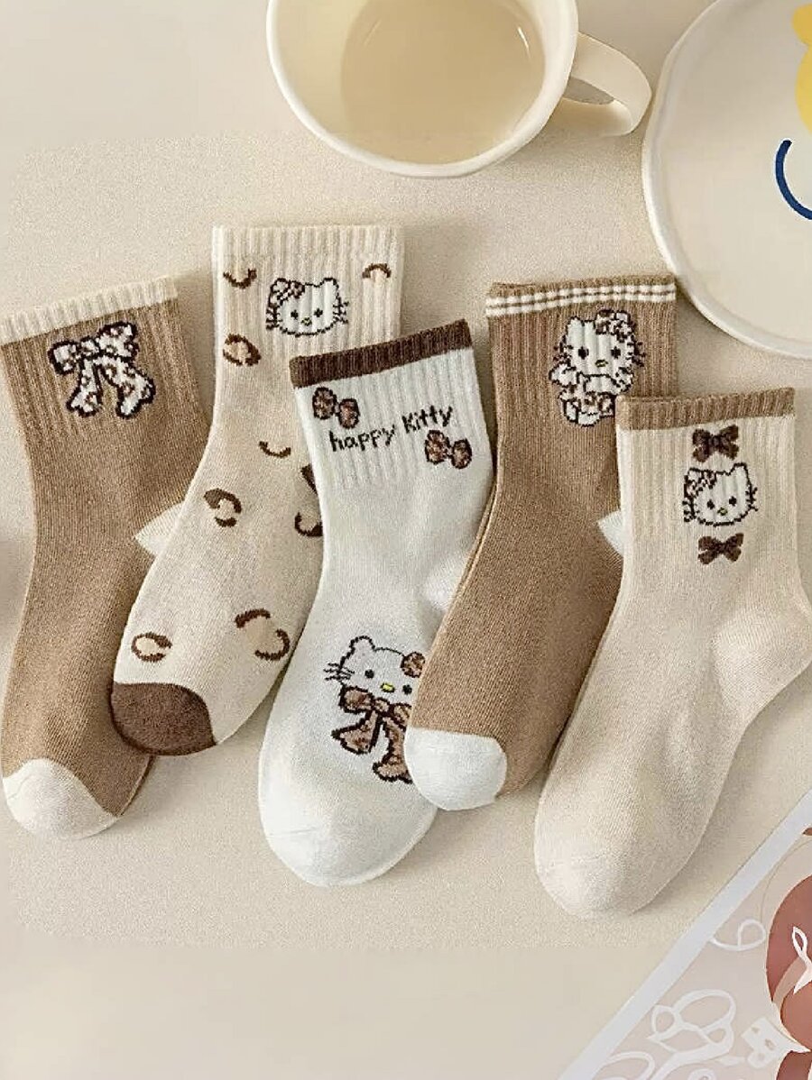 Sanrio 5 Pairs Sanrio Cute Kitty & Bow Design Mid-Calf Socks, All Season Wear