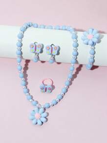 Set de 5 piezas de joyería con collar, pulsera, anillo y aretes con diseño de flores y mariposas, accesorios encantadores con cuentas, adecuado como regalo de cumpleaños para niñas - Azul - Ver 9