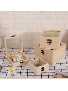 1pc 保鲜花木盒 薰衣草玻璃盖木盒 礼品盒 身份证收纳盒 松木盒 带翻盖 - 米色 - 查看 1