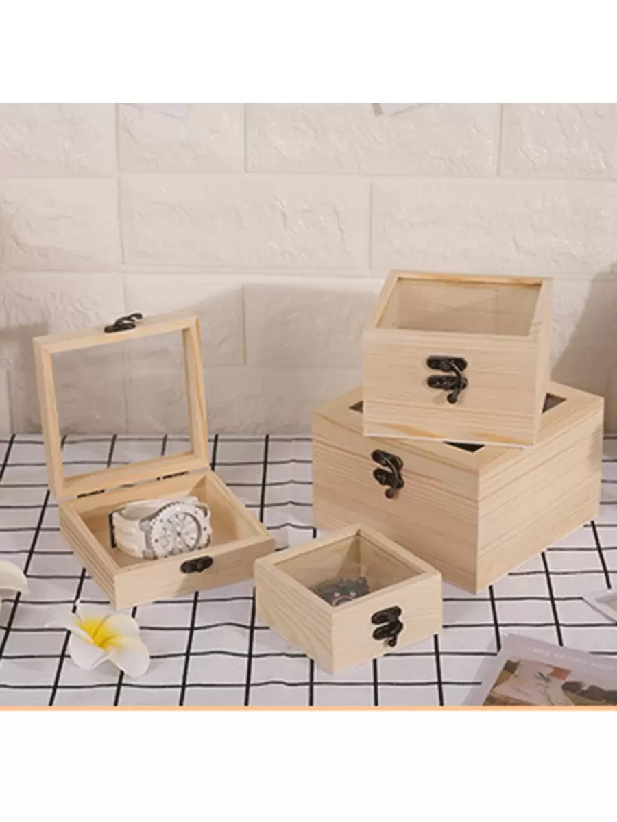 1pc 保鲜花木盒 薰衣草玻璃盖木盒 礼品盒 身份证收纳盒 松木盒 带翻盖 - 米色 - 查看 1