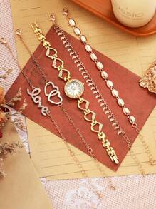 5pcs/Set New Ladies' Strap Watch With Studs, Rhinestone Scales & Heart Design + Rhinestone Heart Bracelet, Suitable For Daily Matching, Anniversary, Holiday Gifts - Gold - View 2