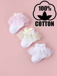 3 双女童棉质蕾丝蝴蝶结短袜 - 白色 - 查看 1