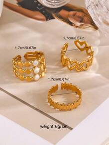 3pcs/Set Stainless Steel 18K Gold Plated Minimalist Geometric Heart Open Ring, Suitable For Women Everyday Wearing - Multicolor - View 2