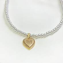 Mặt dây chuyền trang trí hình trái tim và ngọc trai giả Cubic Zirconia 26 chữ sang trọng, thích hợp cho tiệc tùng và đeo hàng ngày - Vàng - Xem 20