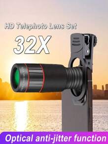 1 pièce Objectif téléphoto optique HD 32X pour smartphones, objectif multicouche 4K avec fonction anti-tremblement, clip universel pour téléphone, matériau en caoutchouc, convient à la plupart des téléphones portables, idéal pour les passionnés d'extérieur