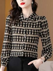 YUXIN 女士春夏复古几何印花衬衫，翻领长袖，日常通勤/轻度社交场合，透气修身时尚休闲上衣，黑色 - 黑色 - 查看 3