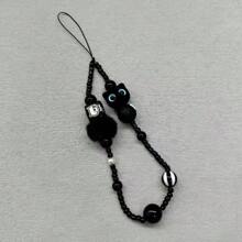 Monster Cat Black Short Lanyard Beaded Camera Wrist Strap Pendant Necklace Mobile Phone Chain Accessories Gifts For Mother, Family, Friends, Birthday, Holiday Phone Charm