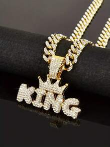 1 件 Bling-Bling “King” 字母设计吊坠项链，迈阿密/链，街头朋克嘻哈风格，摇滚乐队珠宝礼物，情人节礼物，派对时尚珠宝 - 彩色 - 查看 4