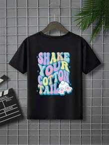 Young Boy Easter Bunny Footprint & Letter Print Short Sleeve Round Neck Casual T-Shirt