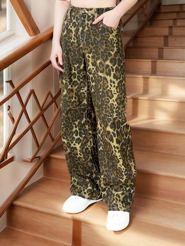 Loose Leopard Print Jeans, Non-Stretch Wide-Leg Elastic Waist Denim Pants