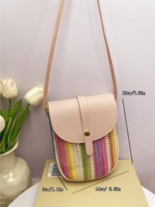 1pc Pink Diagonal Sling Bag, Bohemian Style Multicolor Rainbow Woven Crafted Phone Pouch, Mini Shoulder Bag Coin Purse, Suitable For Women/Girls, Spring/Summer, Casual, Student, Outdoor, Beach, Gift