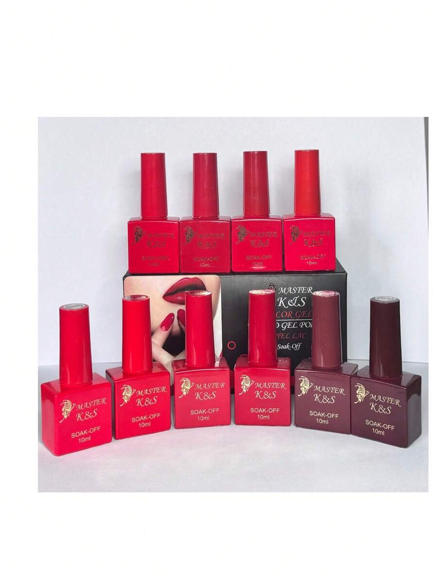 Manicure Kit 10 Square Gel Nail Polishes K&S SOAK-OFF Anvisa 10ml - Röd - Visa 1