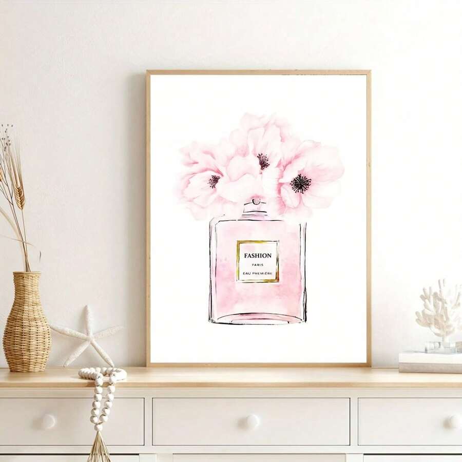 Chic Pink Canvas Wall Art - Watercolor Perfume Bottle & Lips Poster, Nordic-Inspired Decor For Girls' Bedroom, Frameless, Artistic Decoration Style, Classic Style, Modern Style, Fashion Theme Gifts Birthday Graduation