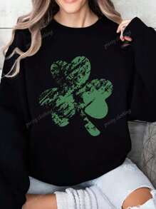 Women's Lucky Clover Pattern Printed Green Casual Sportswear, Full Of Spring And Autumn Vitality, Showcasing Youthful Style Round Neck Sportswear Long Sleeve Hoodie, St. Patrick's Day Costume, Suitable For Daily Wearing Pattern Casual Women's Wear