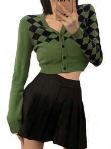 Womens Casual Long Sleeve Knitted Cardigan Fashion Contrast Color Rhombus Exposed Navel Knitwear