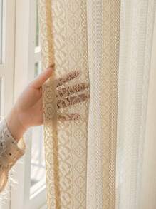 1 pieza Cortina traslúcida de encaje vintage romántico estilo bohemio, color crema para sala de estar, dormitorio, balcón - Beis - Ver 8