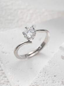 1 件仿水钻单石旁路订婚戒指，带戒指盒，单颗 CZ（方晶锆石）女士结婚周年纪念戒指，精致白金镀铂金可调节戒指，带珠宝戒指礼盒，浪漫闪亮戒指 - 白金 - 查看 4