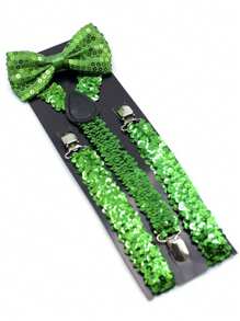 2 件亮片吊带和蝴蝶结套装，男女通用青少年款，纯色，Y 型背带和蝴蝶结套装