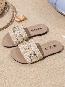A Pair Of Children's Slippers Summer New Style, Rhinestone Decoration, Children Wear Slippers, Summer Little Girls Soft Sole Fashion Sandals, Casual Girls Princess Shoes, Non-Slip Beach Shoes, Suitable For Indoor And Outdoor, Baby - Beige - View 2