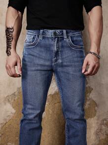 Customized Elastic Embroidered Denim Jeans - Medium Wash - View 8