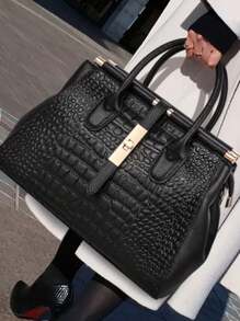 奢华鳄鱼纹手提包，PU 皮革手提包，女士大容量斜挎包，优雅办公和工作包 - 黑色 - 查看 2