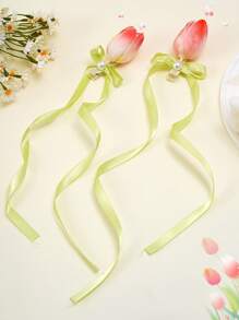 1 件/2 件春夏花卉发饰，仿郁金香花发夹，可爱乡村风格，长丝带蝴蝶结，卡通蝴蝶发夹，适合女孩派对、节日和日常佩戴 - 彩色 - 查看 9