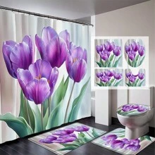 Juego de 1/4 cortinas de ducha para el Día de la Madre, con flores brillantes, para el Día del Presidente, lluvia de primavera, impermeables, estampados con estilo y funcionales, para decoración del hogar, para cada baño, ducha y bañera, con 12 ganchos y tapete de baño lavable a máquina, multiestilo