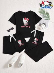 Sanrio 3 set pigiama da donna Hello Kitty Sanrio, composti da maglia a girocollo, pantaloncini e pantaloni lunghi, con stampa di cartoni animati e lettere, pigiama comodo