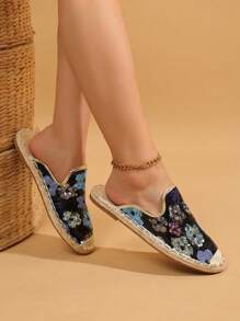2025 MOSOCT 新品封闭式鞋头黄麻凉鞋，女士时尚圆头亮片花卉印花凉鞋，防滑户外沙滩旅行绳编平底鞋 - 藍色 - 查看 5