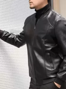 Men's PU Leather Jacket Slim Fit Casual Motorcycle Biker Jacket - Black - View 2