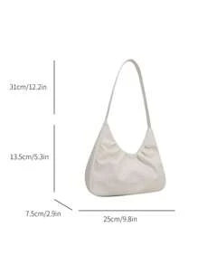 Stylish Shoulder Bag, New Solid Color Pleated Fresh Handbag With Quality Underarm Design, Suitable For Spring & Autumn , Beach Bag , Office, Cream Bag - White - View 4
